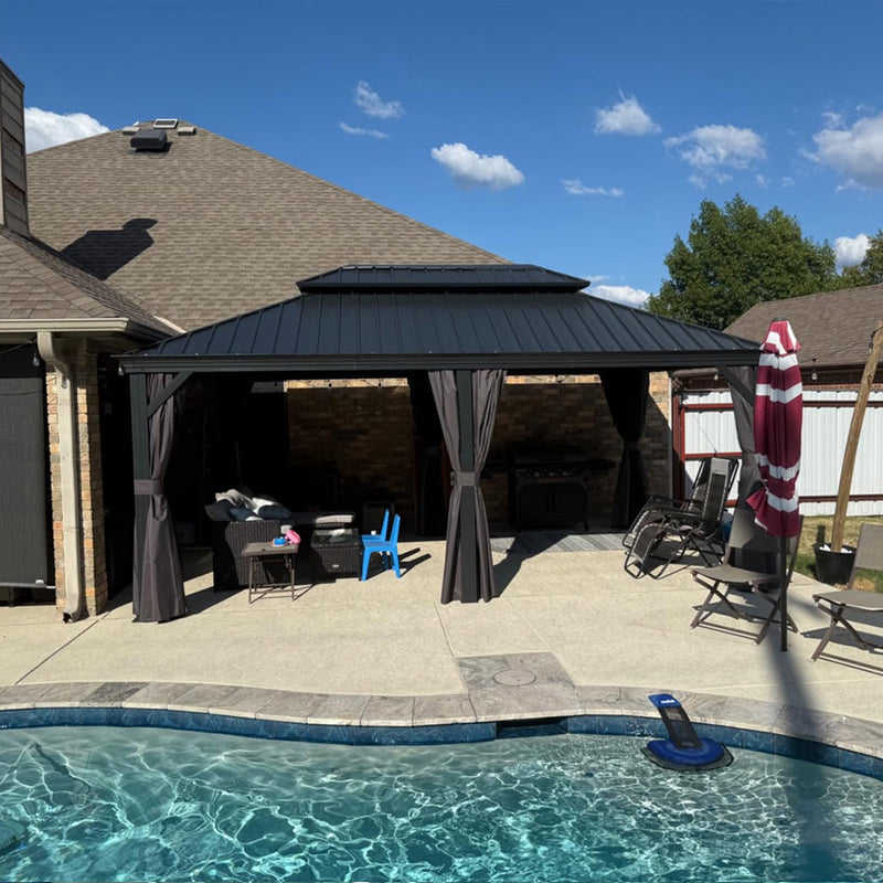 PURPLE LEAF Patio Gazebo for Backyard Grey Hardtop Galvanized Steel Roof Awning with String Lights-clear