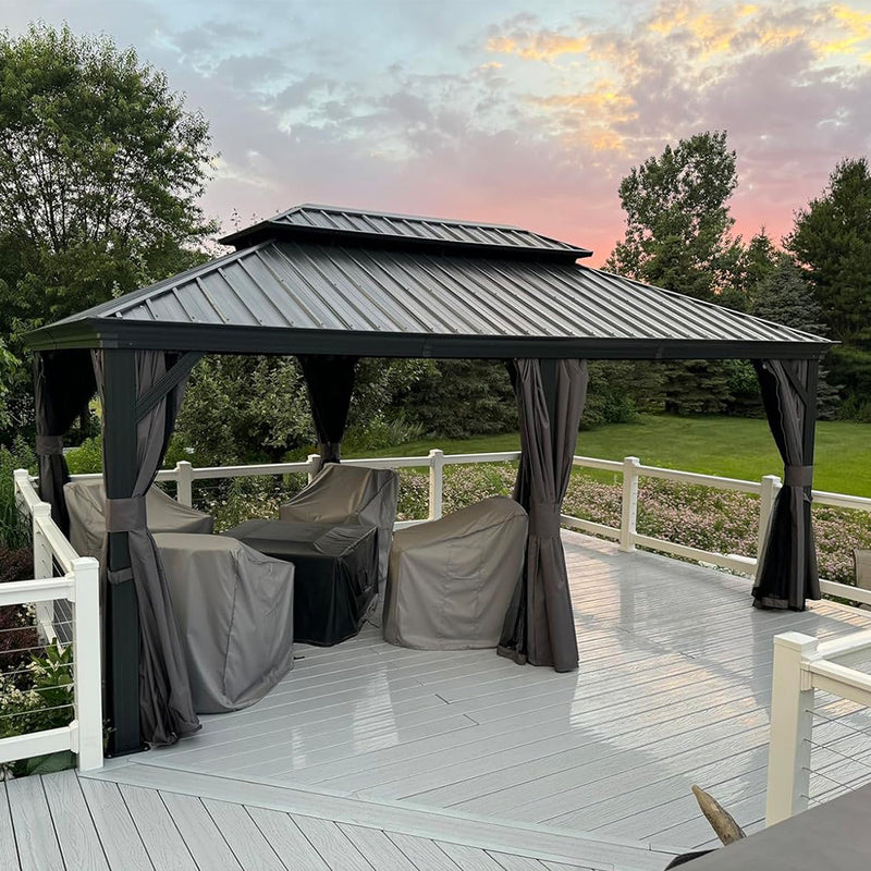 PURPLE LEAF Patio Gazebo for Backyard Grey Hardtop Galvanized Steel Roof Awning with Upgrade Curtain
