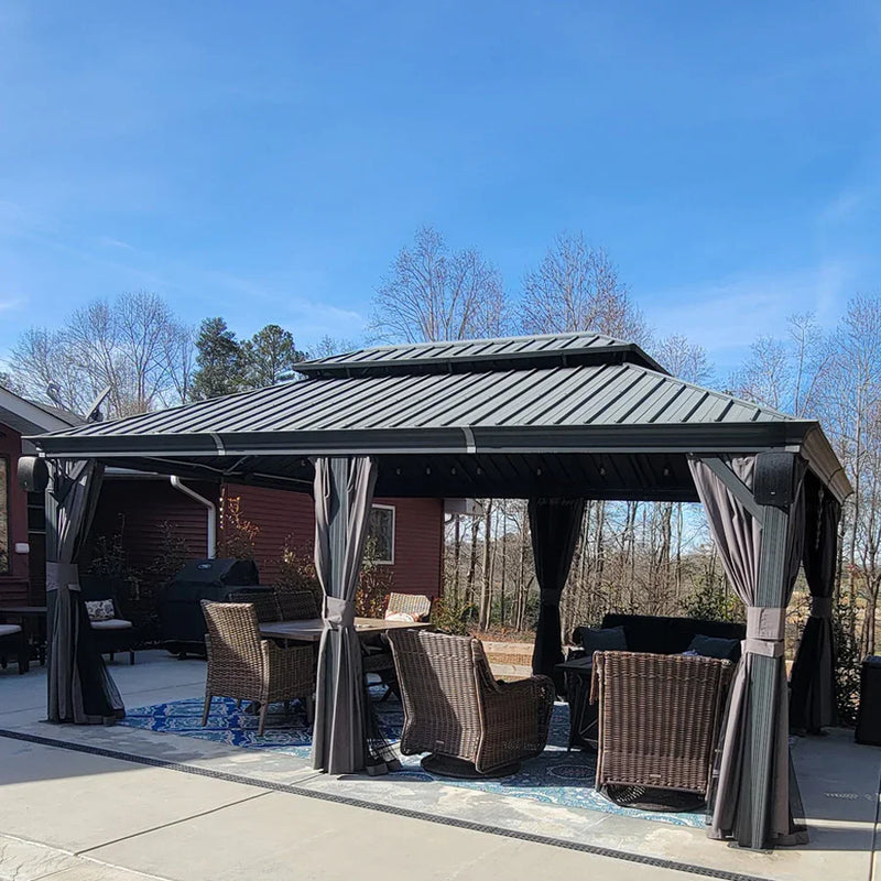 PURPLE LEAF Patio Gazebo for Backyard Grey Hardtop Galvanized Steel Roof Awning with Upgrade Curtain