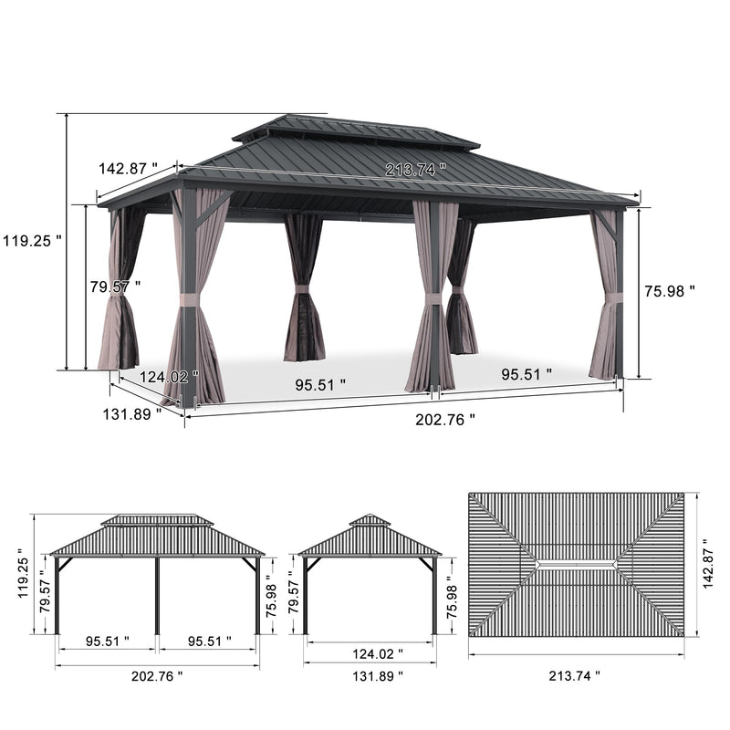 PURPLE LEAF Grey Hardtop Gazebo with Heavy Duty Galvanized Steel Double Roof with String Lights