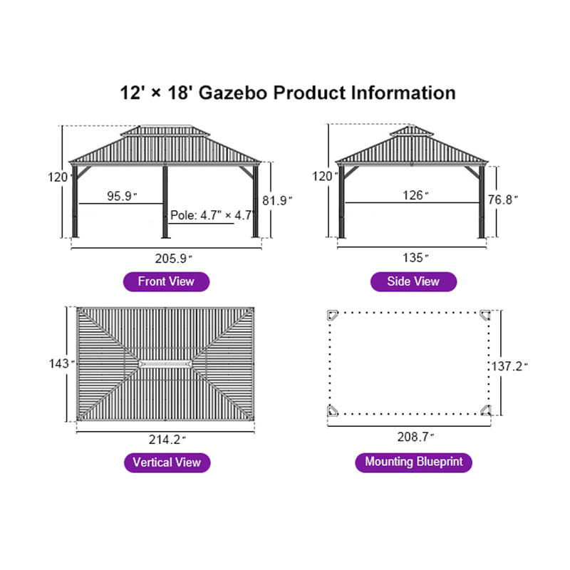 PURPLE LEAF Hardtop Gazebo for Patio Wood Grain Galvanized Steel Frame Awning with String Lights-clear