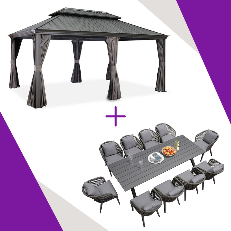 【Outdoor Idea】PURPLE LEAF Patio Gazebo with Aluminum Frame Grey Dining Sets-Bundle Set