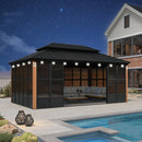 PURPLE LEAF Sunroom Hardtop Gazebo Solarium Wood Grain  Galvanized Steel Double Roof All-Weather Aluminum Outdoor Screen House with String Lights