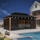 PURPLE LEAF Sunroom Hardtop Gazebo Solarium Wood Grain  Galvanized Steel Double Roof All-Weather Aluminum Outdoor Screen House with String Lights