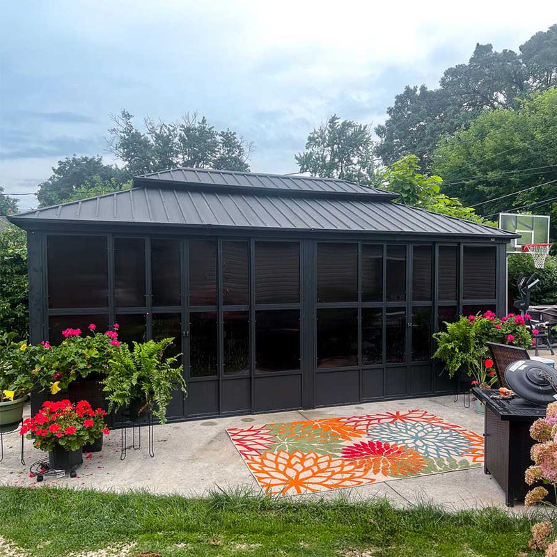 PURPLE LEAF Sunroom Hardtop Gazebo Solarium Grey Galvanized Steel Double Roof  All-Weather Aluminum Outdoor Screen House