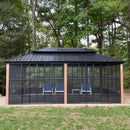 PURPLE LEAF Sunroom Hardtop Gazebo Solarium Wood Grain  Galvanized Steel Double Roof All-Weather Aluminum Outdoor Screen House with String Lights