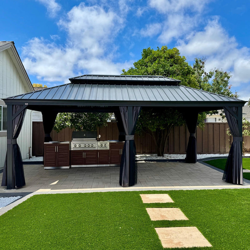 PURPLE LEAF Patio Gazebo for Backyard Grey Hardtop Galvanized Steel Roof Awning with Upgrade Curtain