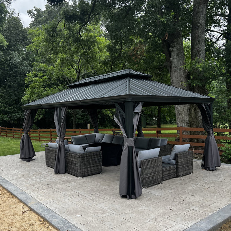 PURPLE LEAF Patio Gazebo for Backyard Grey Hardtop Galvanized Steel Roof Awning with Upgrade Curtain