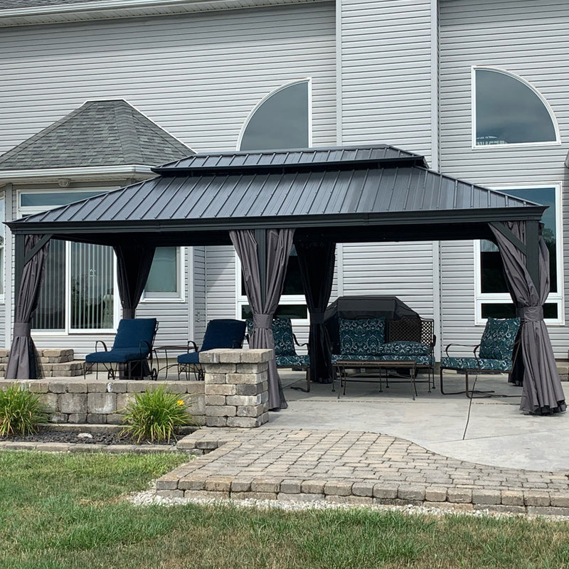 PURPLE LEAF Patio Gazebo for Backyard Grey Hardtop Galvanized Steel Roof Awning with Upgrade Curtain