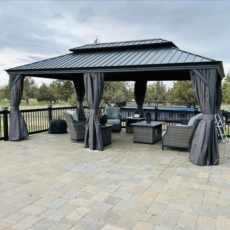 PURPLE LEAF Patio Gazebo for Backyard Grey Hardtop Galvanized Steel Roof Awning with Upgrade Curtain