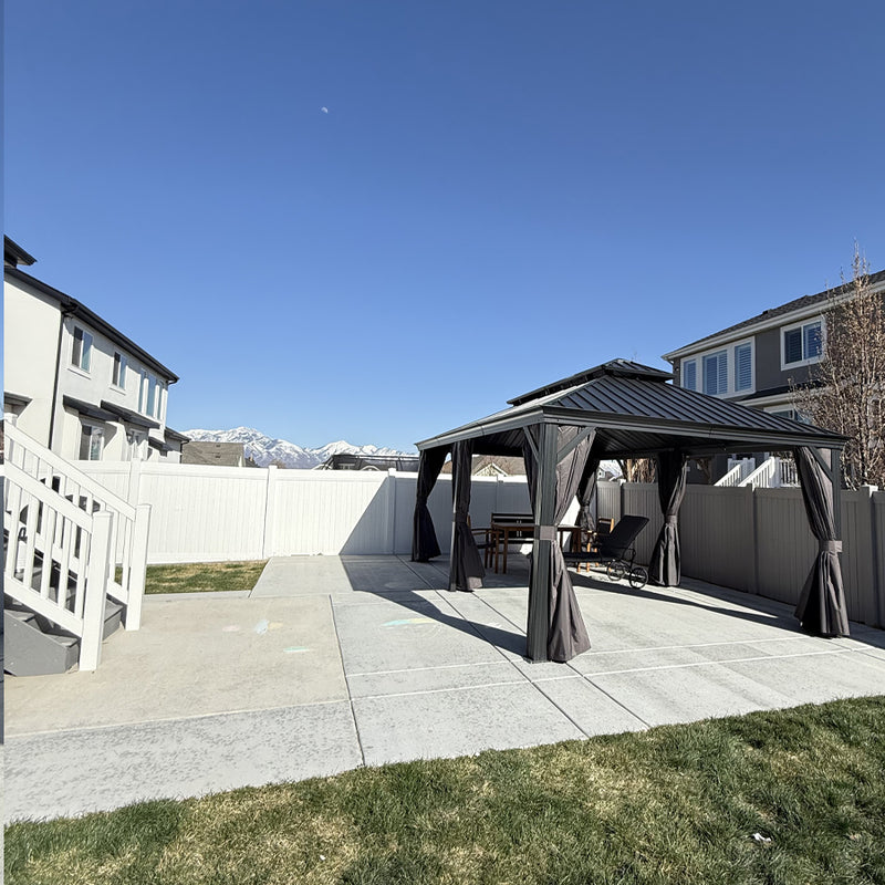 PURPLE LEAF Patio Gazebo for Backyard Grey Hardtop Galvanized Steel Roof Awning with Upgrade Curtain