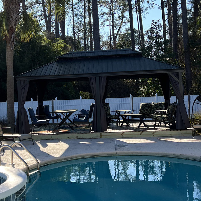 PURPLE LEAF Patio Gazebo for Backyard Grey Hardtop Galvanized Steel Roof Awning with Upgrade Curtain