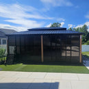 PURPLE LEAF Sunroom Hardtop Gazebo Solarium Wood Grain  Galvanized Steel Double Roof All-Weather Aluminum Outdoor Screen House with String Lights