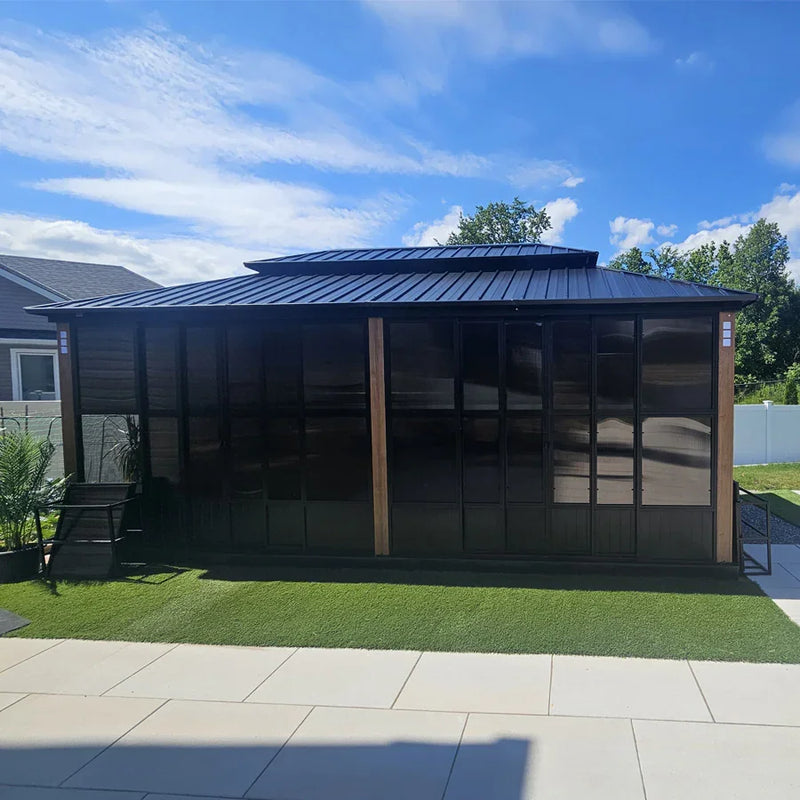 PURPLE LEAF Sunroom Hardtop Gazebo Solarium Wood Grain  Galvanized Steel Double Roof All-Weather Aluminum Outdoor Screen House with String Lights