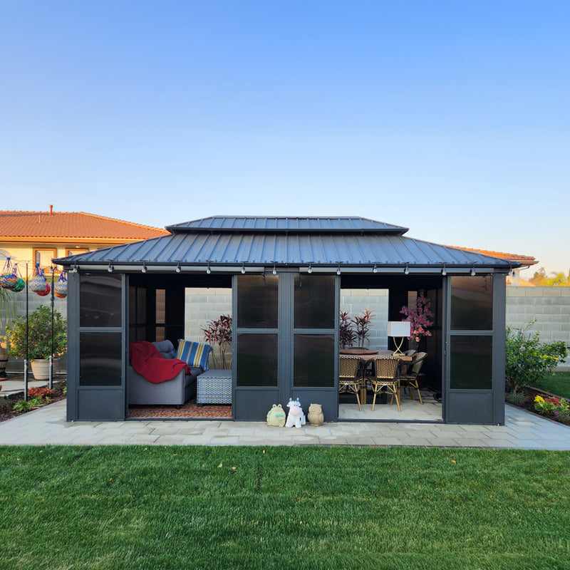 PURPLE LEAF Sunroom Hardtop Gazebo Solarium Grey Galvanized Steel Double Roof  All-Weather Aluminum Outdoor Screen House with String Lights