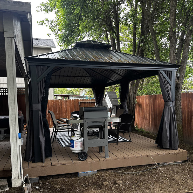 PURPLE LEAF Patio Gazebo for Backyard Grey Hardtop Galvanized Steel Roof Awning with Upgrade Curtain