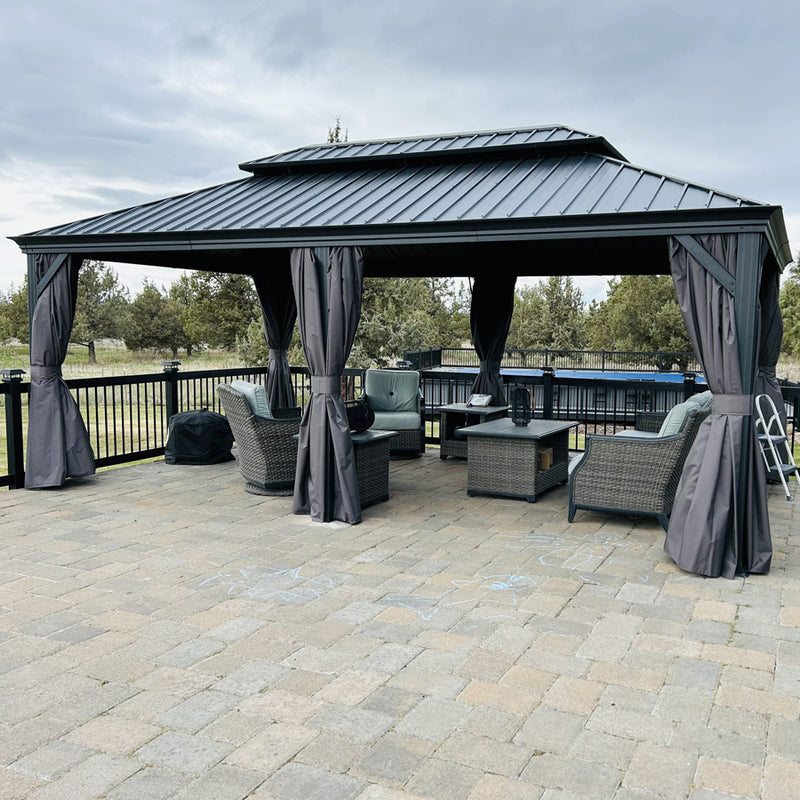 PURPLE LEAF Patio Gazebo for Backyard Grey Hardtop Galvanized Steel Roof Awning with Upgrade Curtain