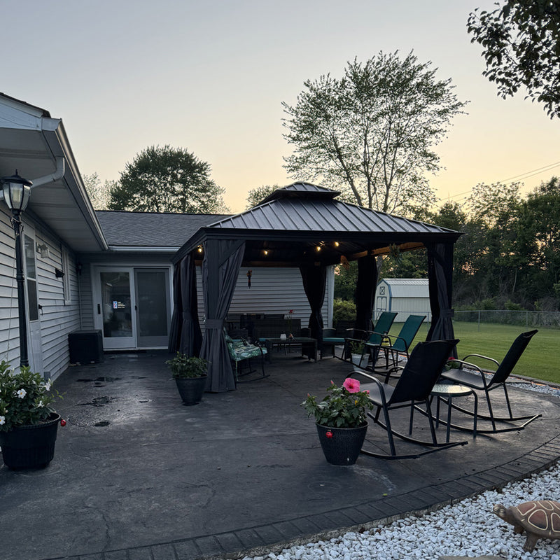 PURPLE LEAF Patio Gazebo for Backyard Grey Hardtop Galvanized Steel Roof Awning with String Lights-clear