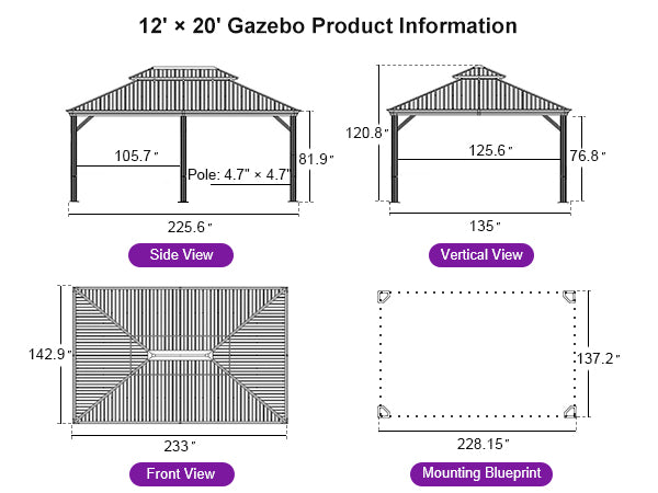 OPEN BOX I PURPLE LEAF Hardtop Gazebo for Patio Wood Grain Galvanized Steel Frame Awning with Netting