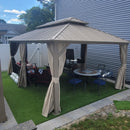 PURPLE LEAF Deck Gazebo Champagne Hardtop Metal Frame Double Roof with Curtains and Netting with Lights-clear