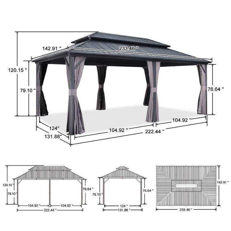 PURPLE LEAF Grey Hardtop Gazebo with Heavy Duty Galvanized Steel Double Roof with Netting and Curtains