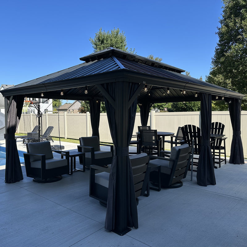 PURPLE LEAF Patio Gazebo for Backyard Grey Hardtop Galvanized Steel Roof Awning with String Lights-clear