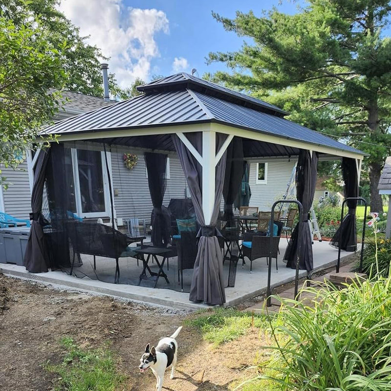 PURPLE LEAF Modern Gazebo Grey Hardtop Galvanized Steel Double Roof White Aluminum Poles with Curtains and Netting with Lights-clear