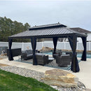 PURPLE LEAF Outdoor Hardtop Gazebo for Patio Bronze Aluminum Frame Pavilion with Navy-Blue Curtain and String Lights-milky
