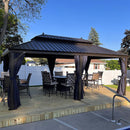 PURPLE LEAF Outdoor Hardtop Gazebo for Patio Bronze Aluminum Frame Pavilion with Navy-Blue Curtain and String Lights-milky