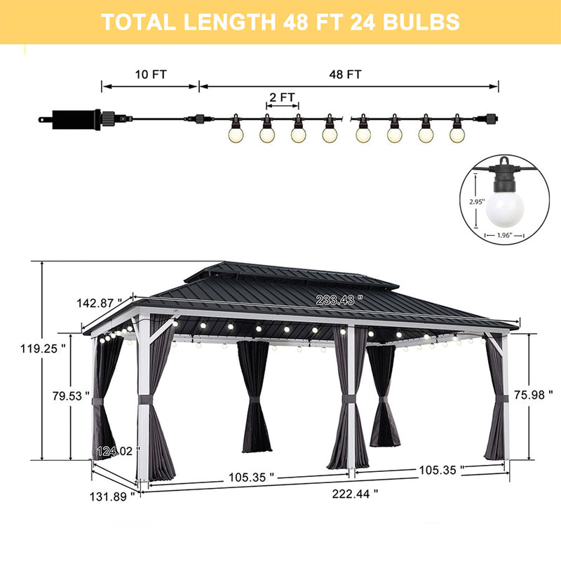 PURPLE LEAF Patio Hardtop Gazebo for Outdoor Grey Galvanized Steel Double Roof White Aluminum Poles with Curtains and String Lights-milky