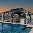 PURPLE LEAF Patio Hardtop Gazebo for Outdoor Grey Galvanized Steel Double Roof White Aluminum Poles with Curtains and String Lights-milky
