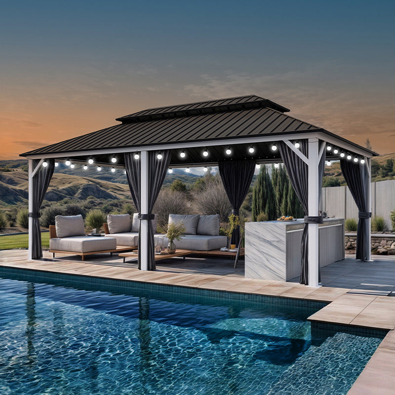 PURPLE LEAF Patio Hardtop Gazebo for Outdoor Grey Galvanized Steel Double Roof White Aluminum Poles with Curtains and String Lights-milky