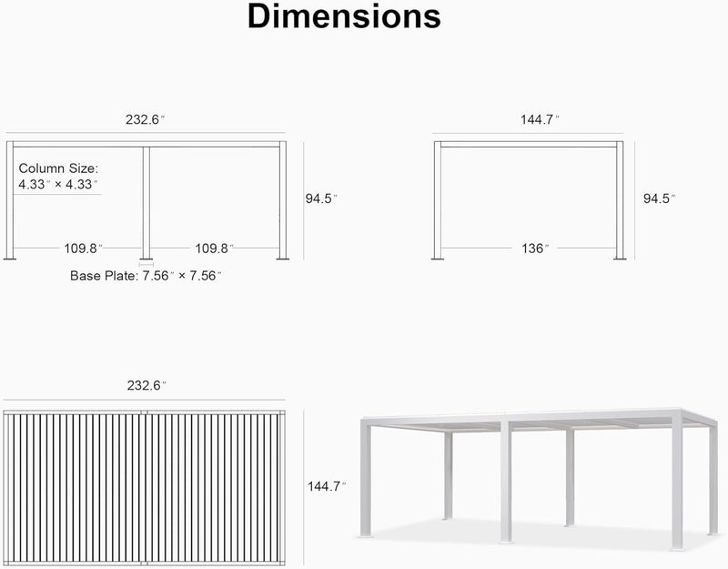 PURPLE LEAF Louvered Pergola Modern White Pergola with Adjustable Roof for Deck Backyard Garden