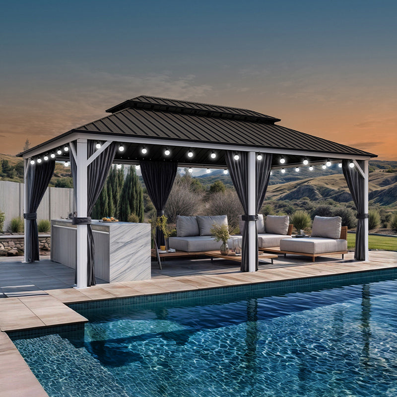 PURPLE LEAF Patio Hardtop Gazebo for Outdoor Grey Galvanized Steel Double Roof White Aluminum Poles with Curtains and String Lights-milky