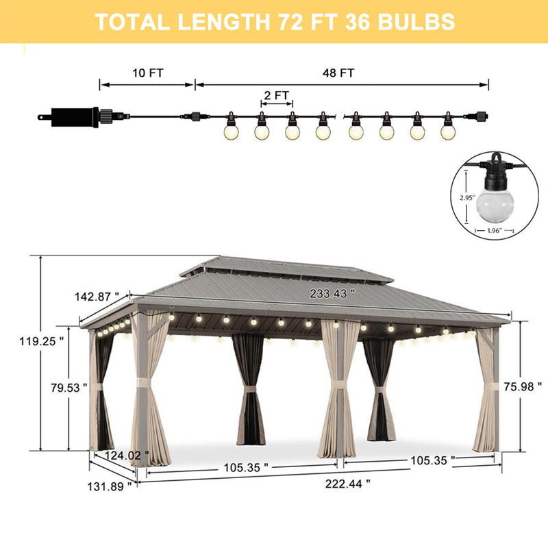 PURPLE LEAF Outdoor Hardtop Gazebo Champagne Metal Frame Galvanized Steel Double Roof with Curtains and Netting for Poolside with Lights-clear