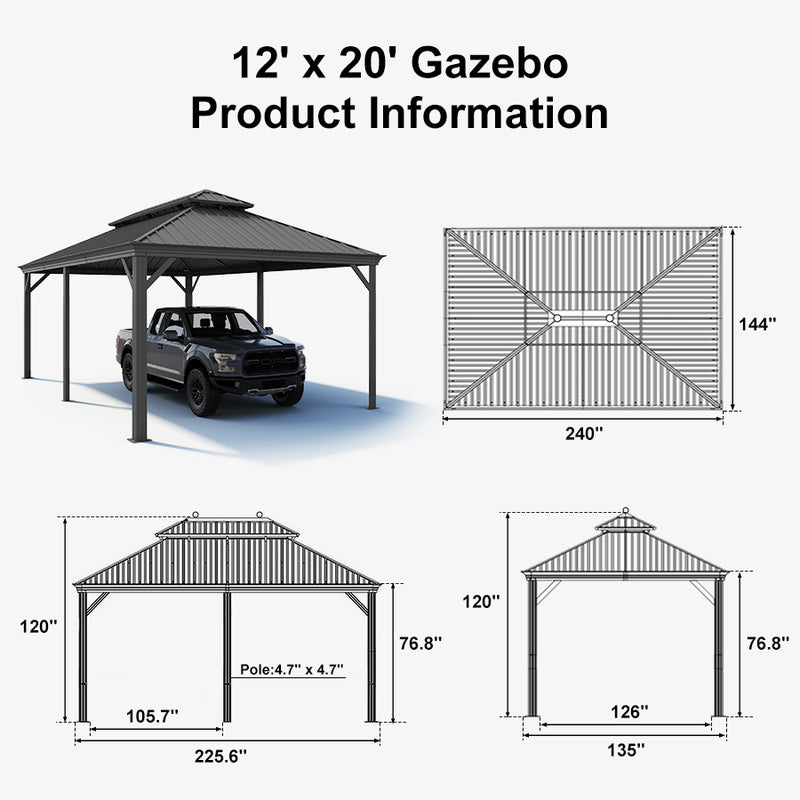 PURPLE LEAF Outdoor Metal Carport Gazebo Grey Steel Roof Aluminum Frame Shelter for Parking