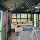 PURPLE LEAF Sunroom Hardtop Gazebo with Wood Grain Columns Black Frame Double Roof Galvanized Steel Solarium All-Weather Screen House