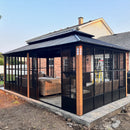 PURPLE LEAF Sunroom Hardtop Gazebo with Wood Grain Columns Black Frame Double Roof Galvanized Steel Solarium All-Weather Screen House with String Lights