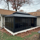 PURPLE LEAF Sunroom Hardtop Gazebo Solarium Grey Galvanized Steel Double Roof  All-Weather Aluminum Outdoor Screen House with String Lights