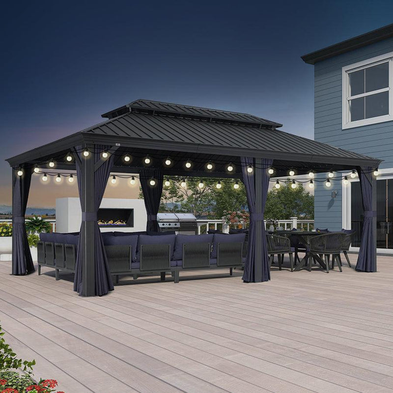 PURPLE LEAF Outdoor Hardtop Gazebo for Patio Grey Aluminum Frame Pavilion with Navy-Blue Curtain and String Lights