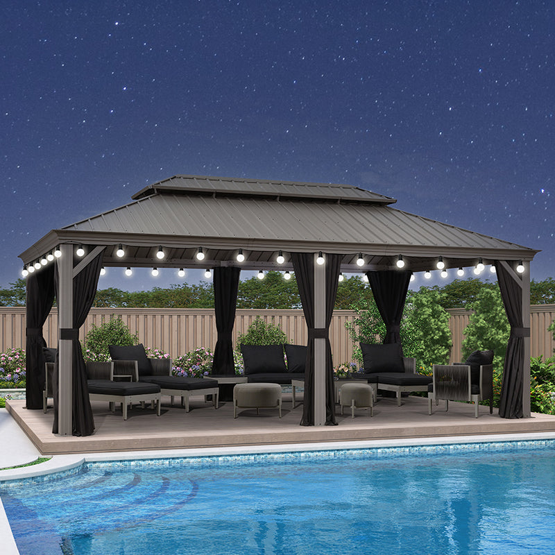 PURPLE LEAF Patio Gazebo for Pool Light Grey Hardtop Galvanized Steel Roof with String Lights-milky