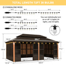 PURPLE LEAF Bronze Frame Sunroom Hardtop Gazebo Solarium Wood Grain Columns Galvanized Steel Double Roof All-Weather Screen House with Lights