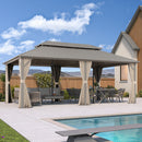 PURPLE LEAF Deck Gazebo Champagne Hardtop Metal Frame Double Roof with Curtains Netting and Reinforcement Support Rods