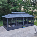 PURPLE LEAF Sunroom Hardtop Gazebo Solarium Grey Galvanized Steel Double Roof  All-Weather Aluminum Outdoor Screen House with String Lights