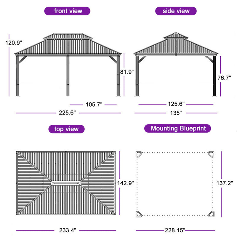 PURPLE LEAF Patio Gazebo for Backyard Grey Hardtop Galvanized Steel Roof Awning（not include curtains）