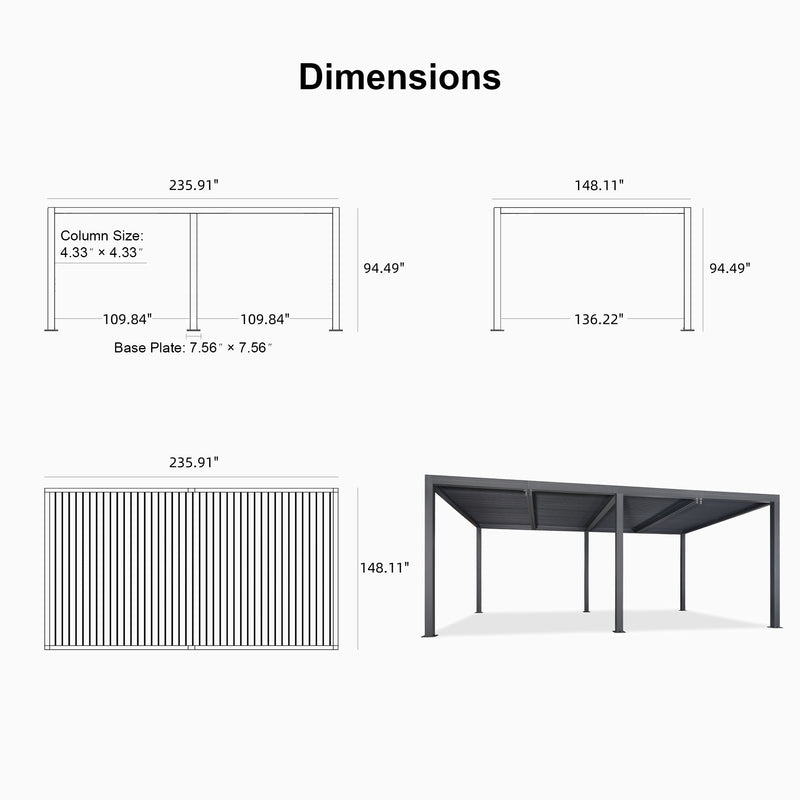 PURPLE LEAF Athena Louvered Pergola Grey Outdoor Aluminum Pergola with Strip Lights Adjustable Gazebo for Patio Deck Garden