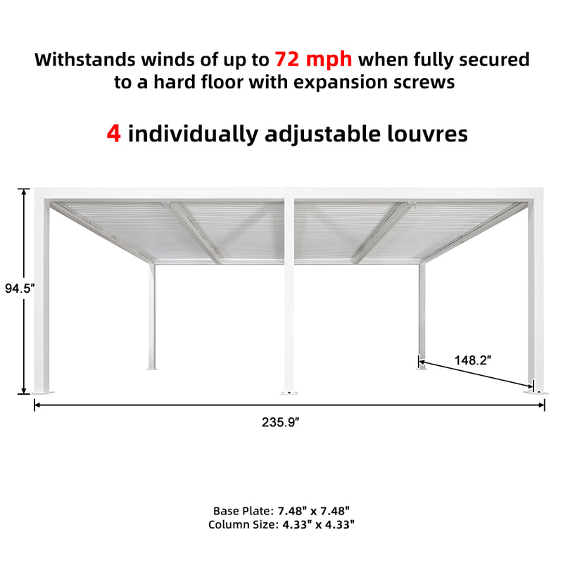 PURPLE LEAF Louvered Pergola white Outdoor Aluminum Pergola with Shutter Wall Adjustable Gazebo Rainproof for Patio Deck Garden