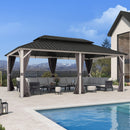 PURPLE LEAF Modern Gazebo Grey Hardtop Galvanized Steel Double Roof White Aluminum Poles with Curtains and Netting