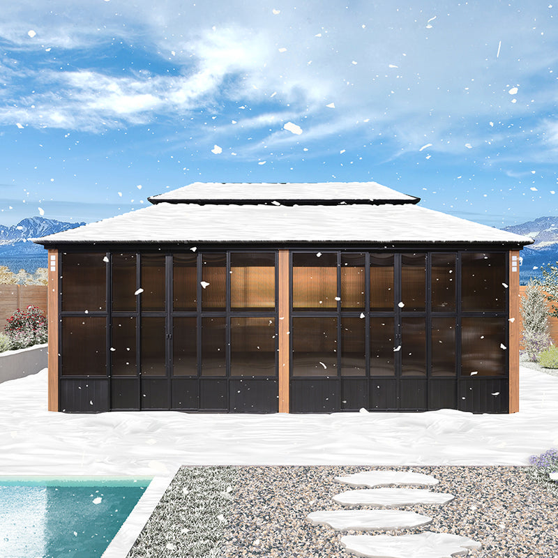 PURPLE LEAF Sunroom Hardtop Gazebo Solarium Wood Grain  Galvanized Steel Double Roof All-Weather Aluminum Outdoor Screen House