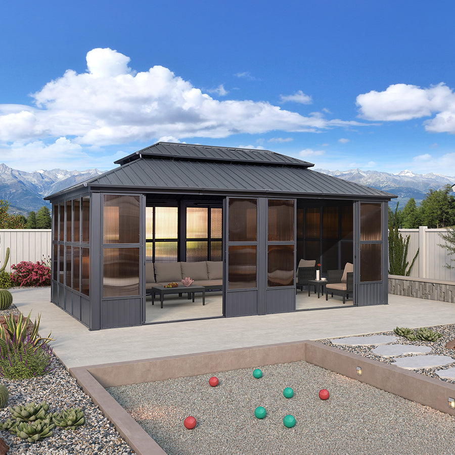 Sunroom Hardtop Gazebo Solarium Grey Galvanized Steel Double Roof All Weather Aluminum Outdoor Screen House